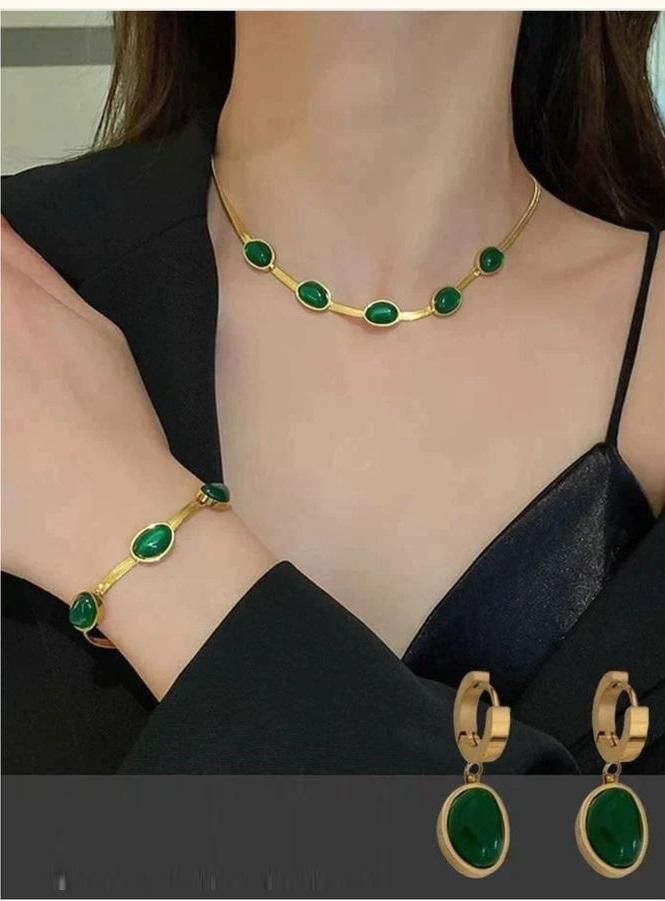 Green Crystal Pendant Necklace Set with Free Bracelet